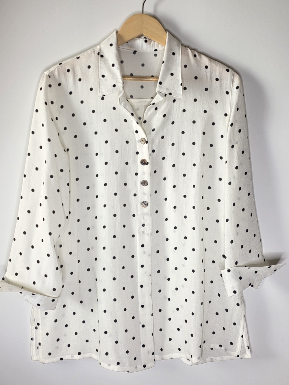 Fridaze 100% Linen Classic White Polka Dot Button-Up Shirt point collar Large